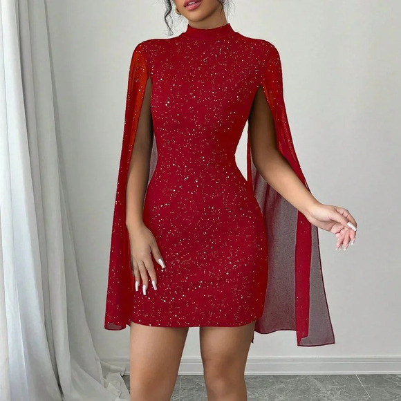 Red Party Women's Fitted Short Casual Mock Neck Flared Sleeve Bodycon Dress - Picture 4 of 7